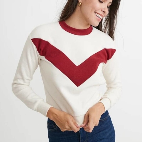 Re-Spun by Marine Layer Sweatshirt Chevron Crew Pullover Cream Red - Picture 1 of 6